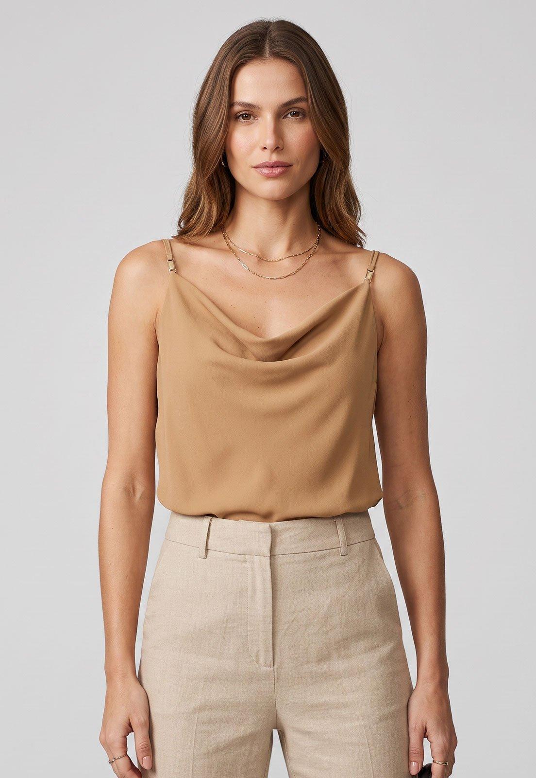 Blusa Feminina Lança Perfume Alças Finas Decote V Bege