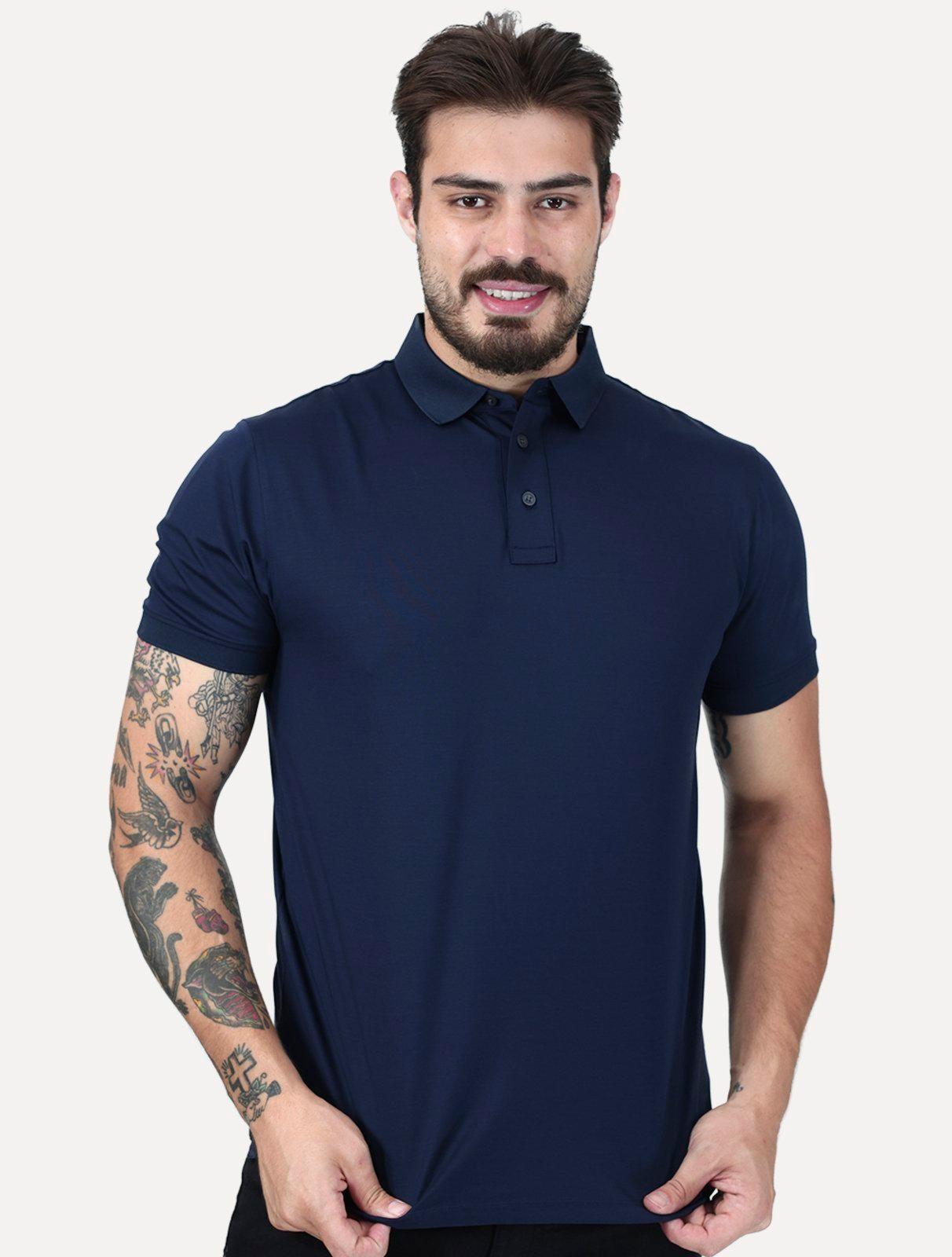 Polo Aramis Masculina Manga Curta Mercerizado Interlock Azul Marinho