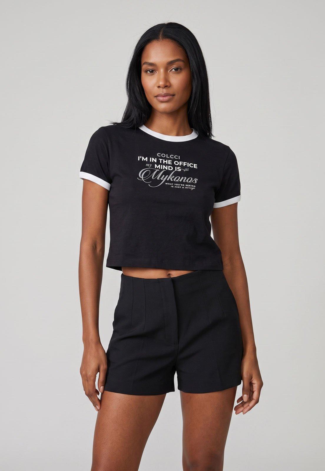 Camiseta Feminina Colcci Mykonos Cropped Preta