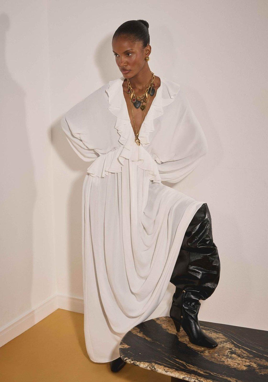 Vestido Super Midi Manga Longa Com Babados Lança Perfume