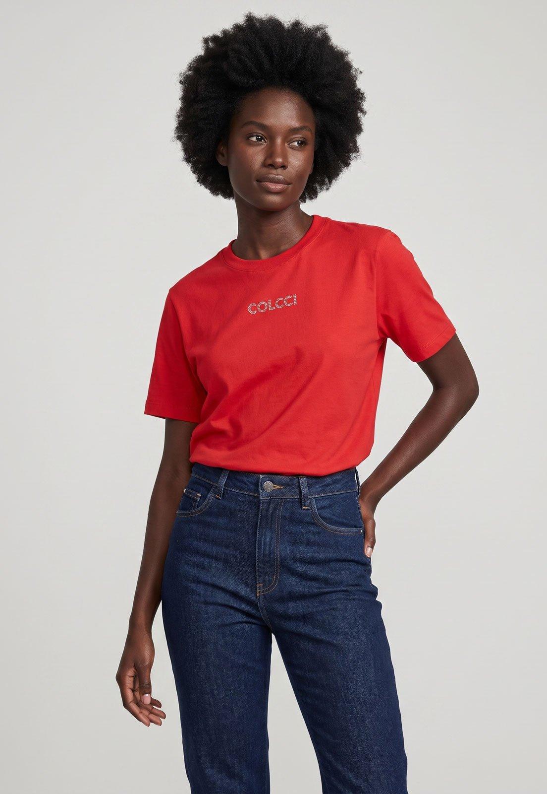 Camiseta Feminina Colcci Logo Pedraria Vermelha