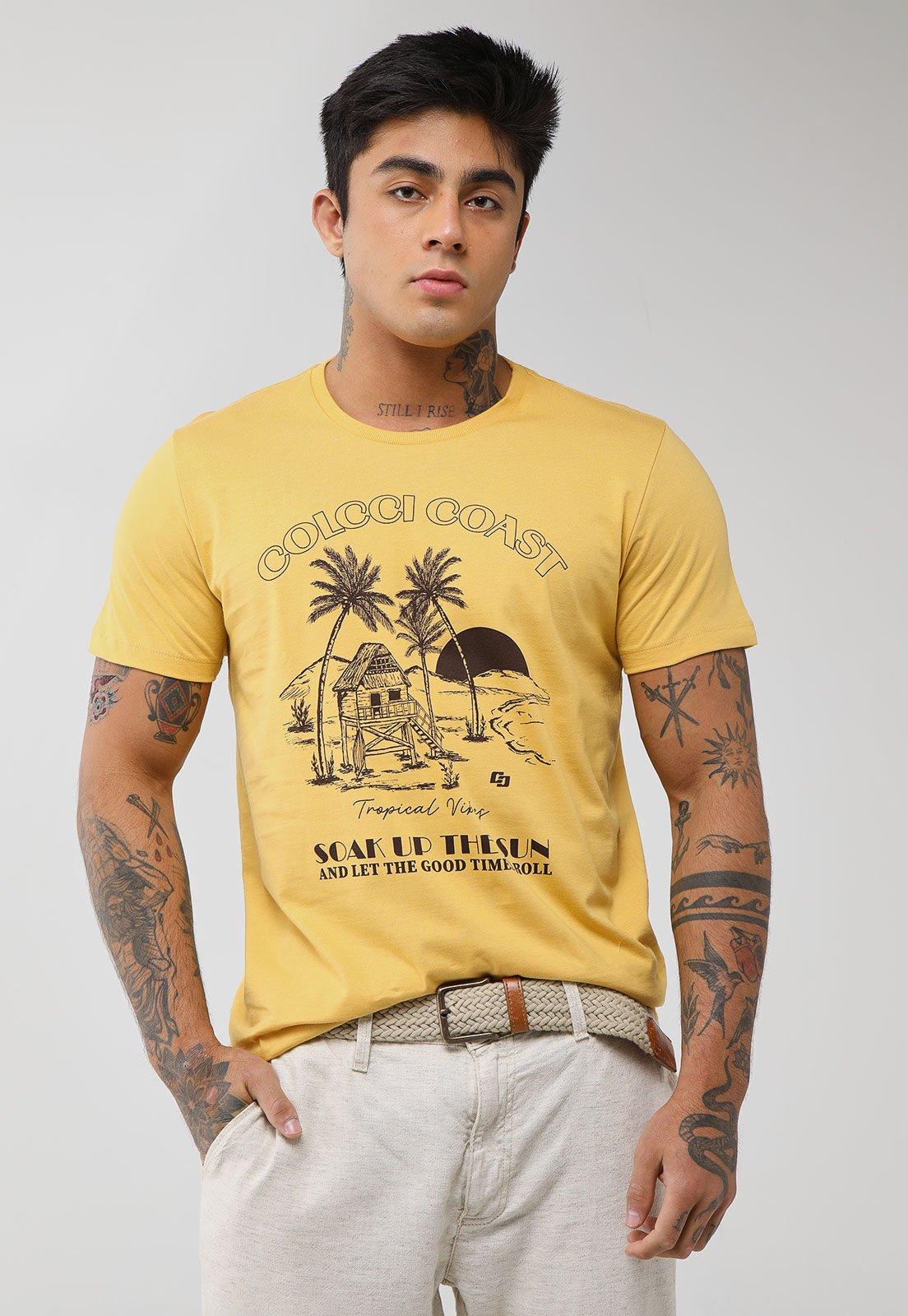 Camiseta Masculina Colcci Coast Estampada Amarela
