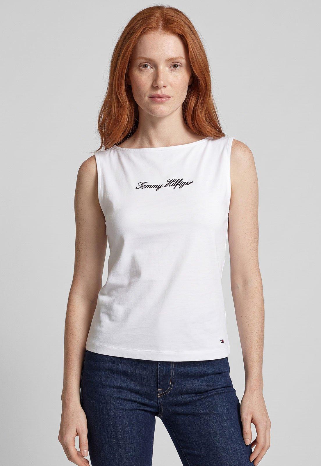 Camiseta Feminina Tommy Hilfiger Classic Script Decote Canoa Branca