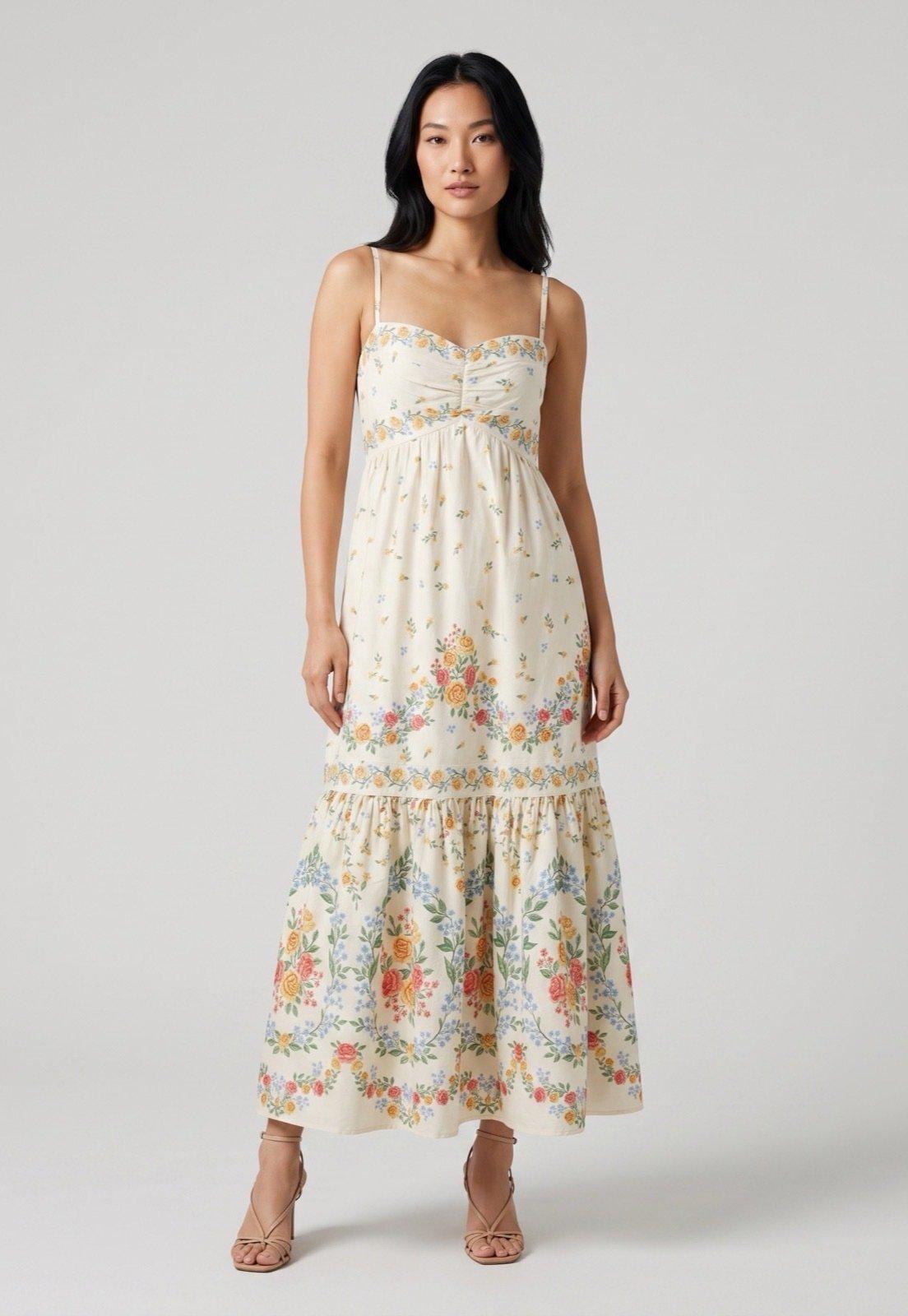 Vestido Feminino FARM Alças Finas Floral Off-White