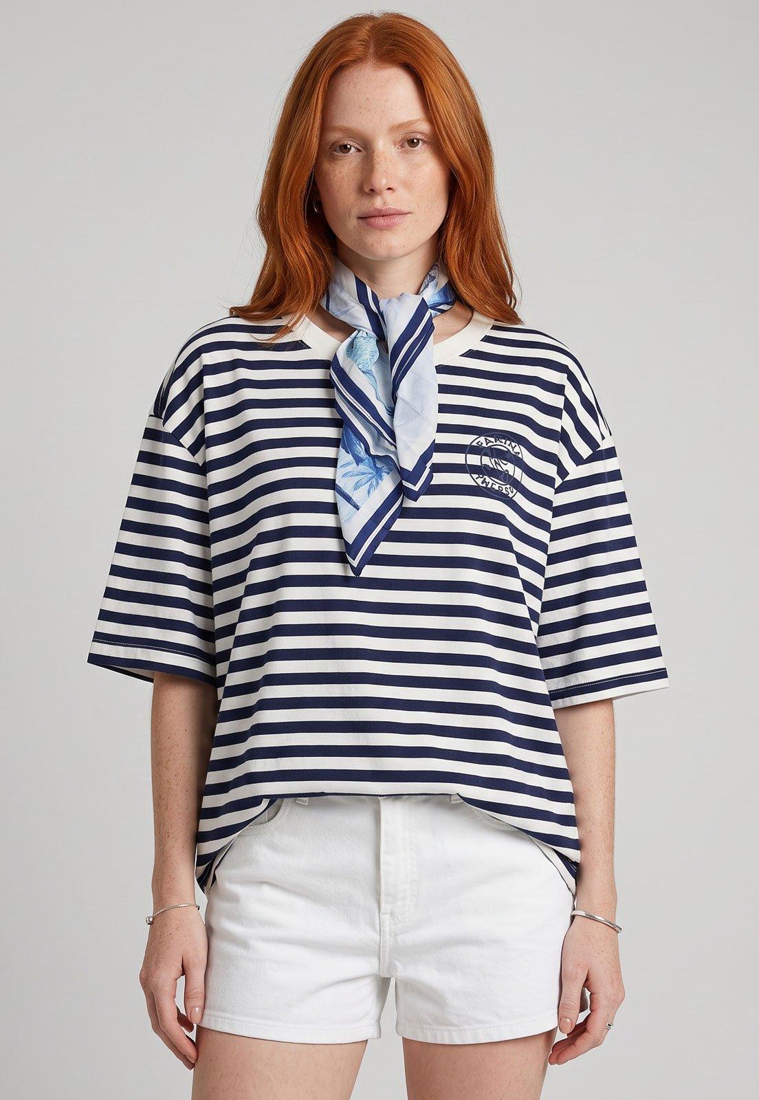 Camiseta Feminina FARM Listrada Azul Marinho