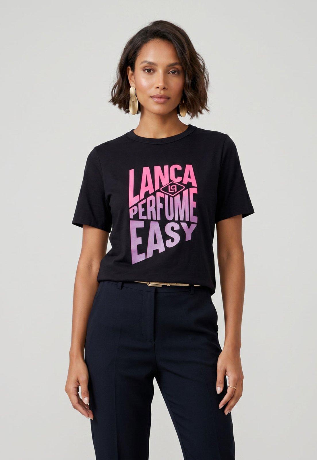 Camiseta Feminina Lança Perfume Estampa Frontal Preta