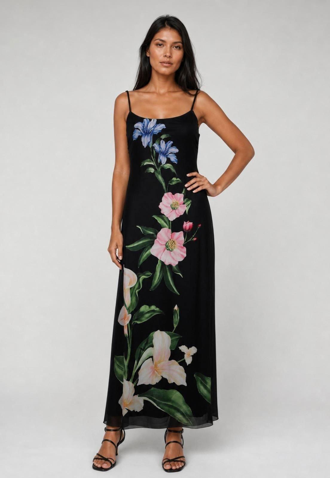 Vestido Feminino FARM Longo Floral Preto
