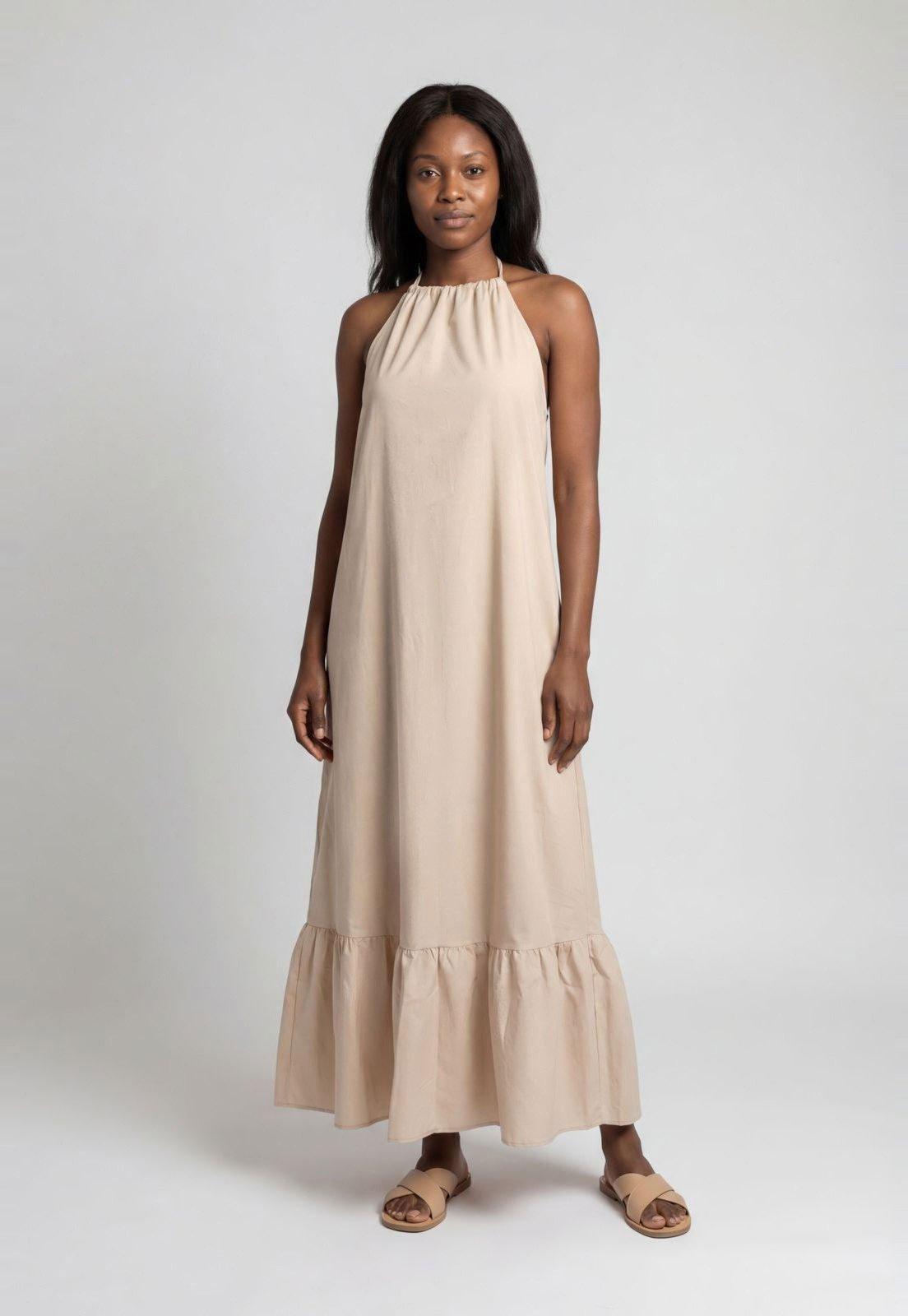 Vestido Feminino Lança Perfume Decote Halter Babados Bege