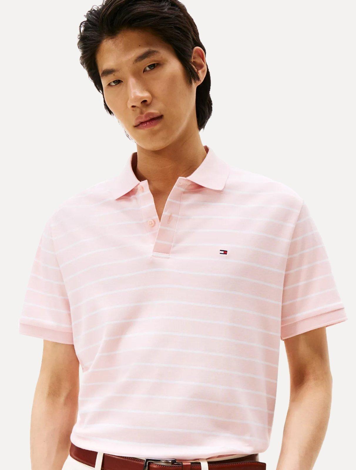 Polo Tommy Hilfiger Masculina Malha Liquid Cotton Striped Rosa Claro