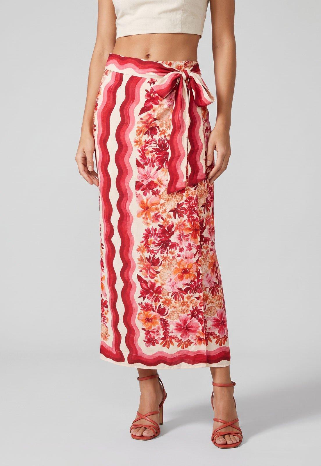 Saia Feminina FARM Longa Floral Rosa