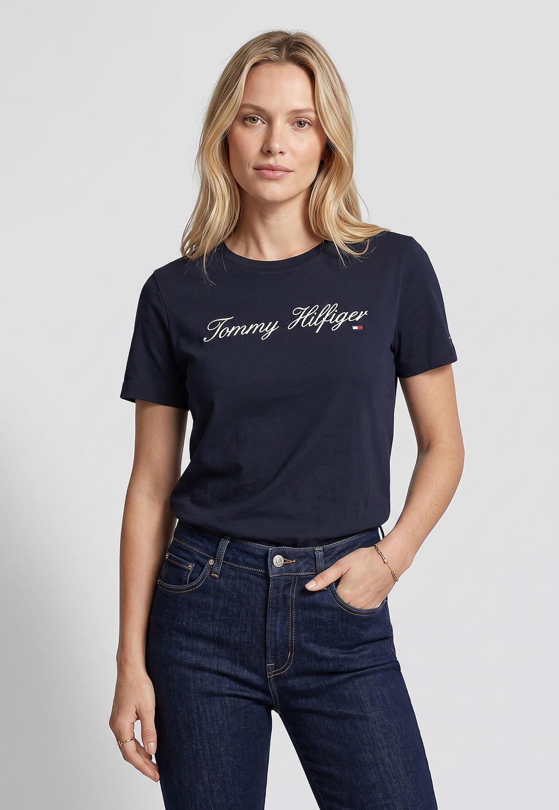 Camiseta Feminina Tommy Hilfiger Script Regular Azul