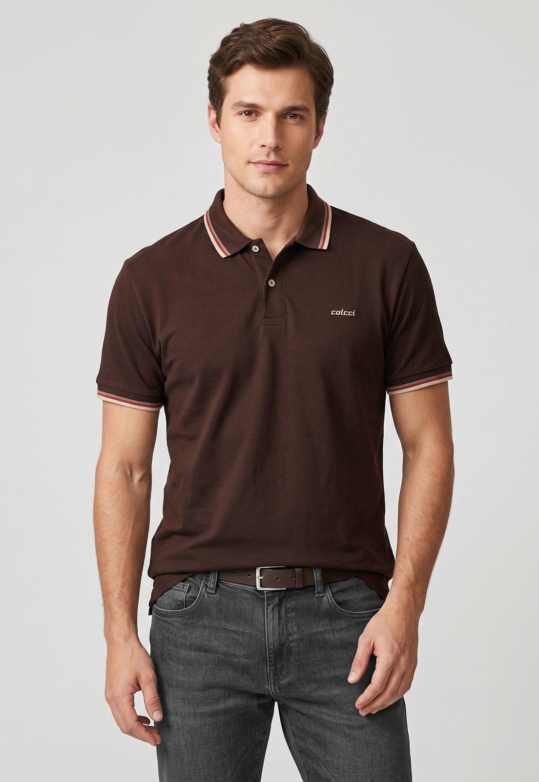 Camisa Polo Colcci Regular Friso Logo Marrom