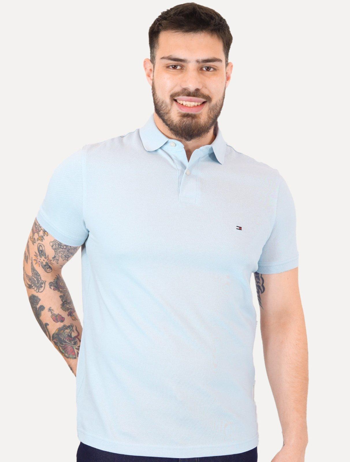 Polo Tommy Hilfiger Masculina Regular Piquet 1985 Azul Céu