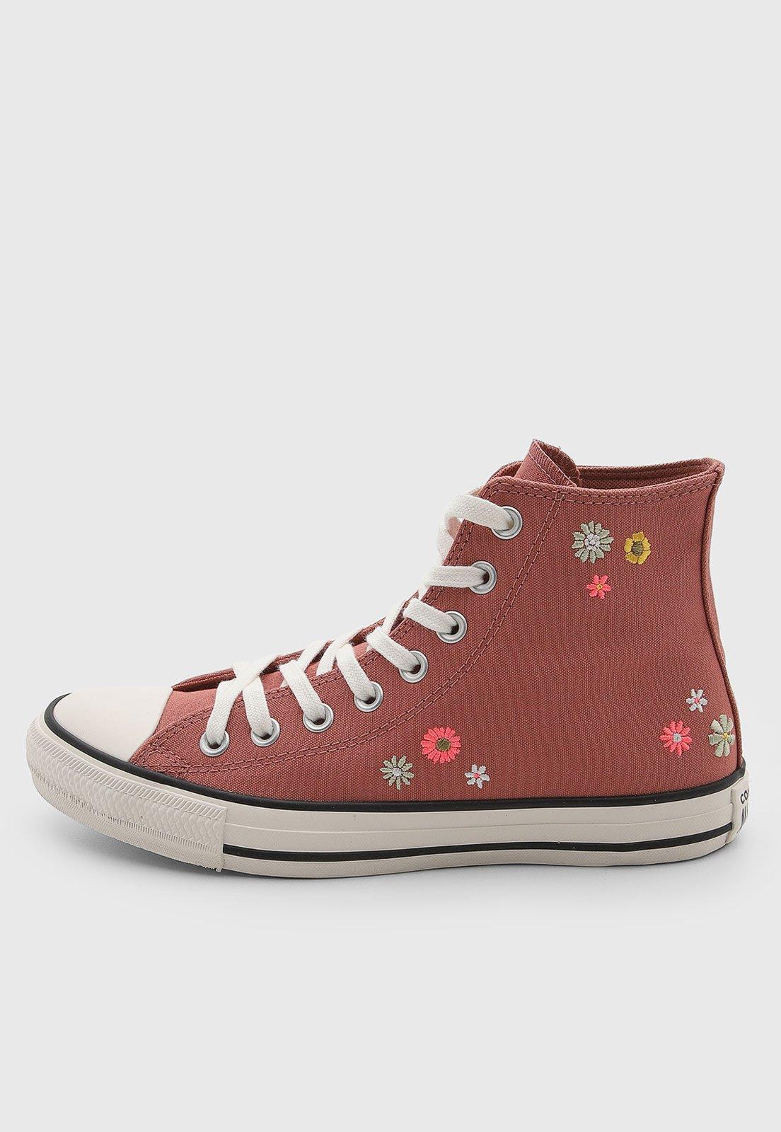 Tênis Cano Alto Converse Chuck Taylor All Star Bordado Floral Rosa