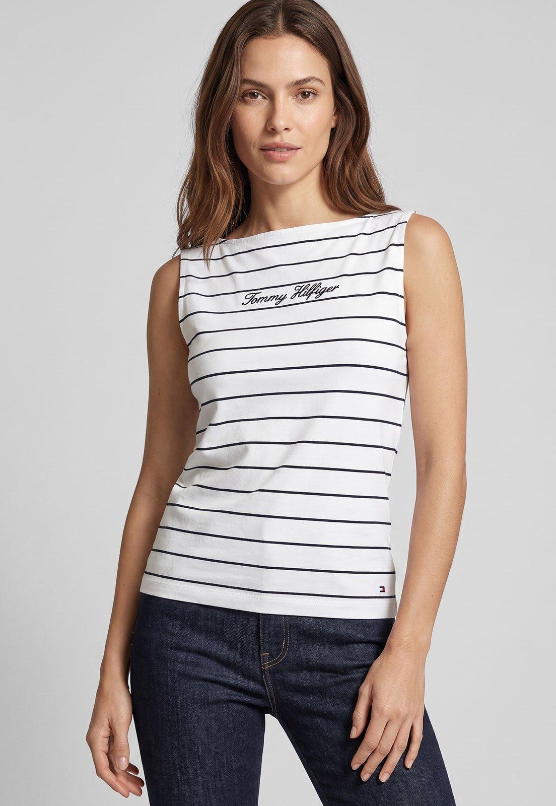 Camiseta Feminina Tommy Hilfiger Listrada Decote Canoa Branca