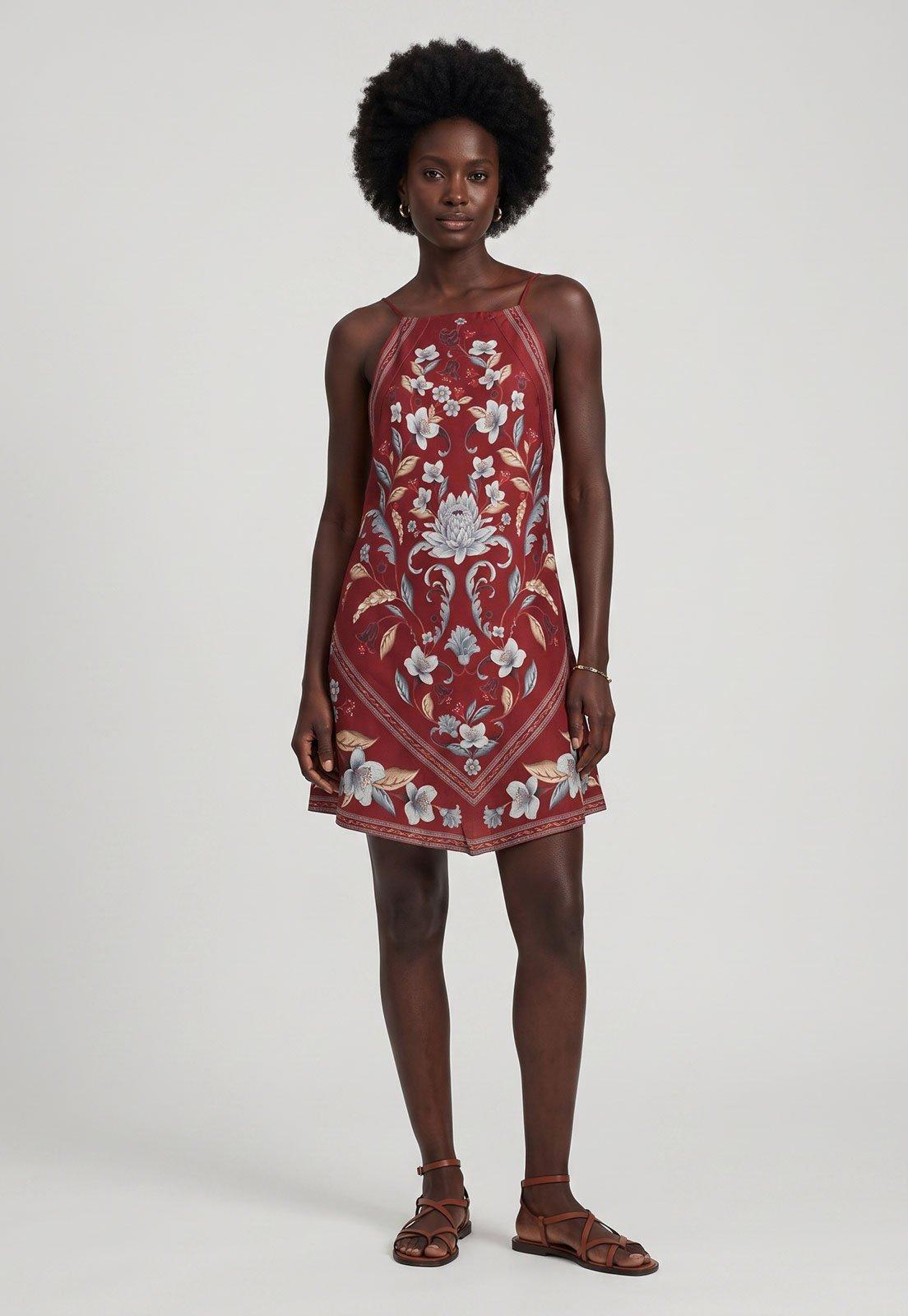 Vestido FARM Alças Finas Estampa Floral Vermelho