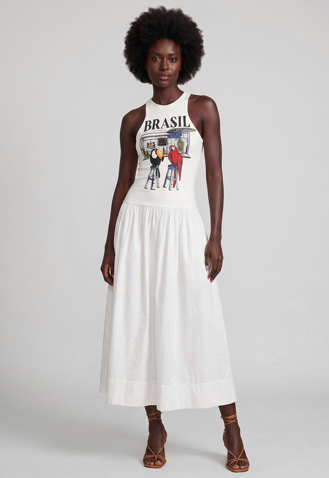 Vestido FARM Midi Estampado Brasil Branco