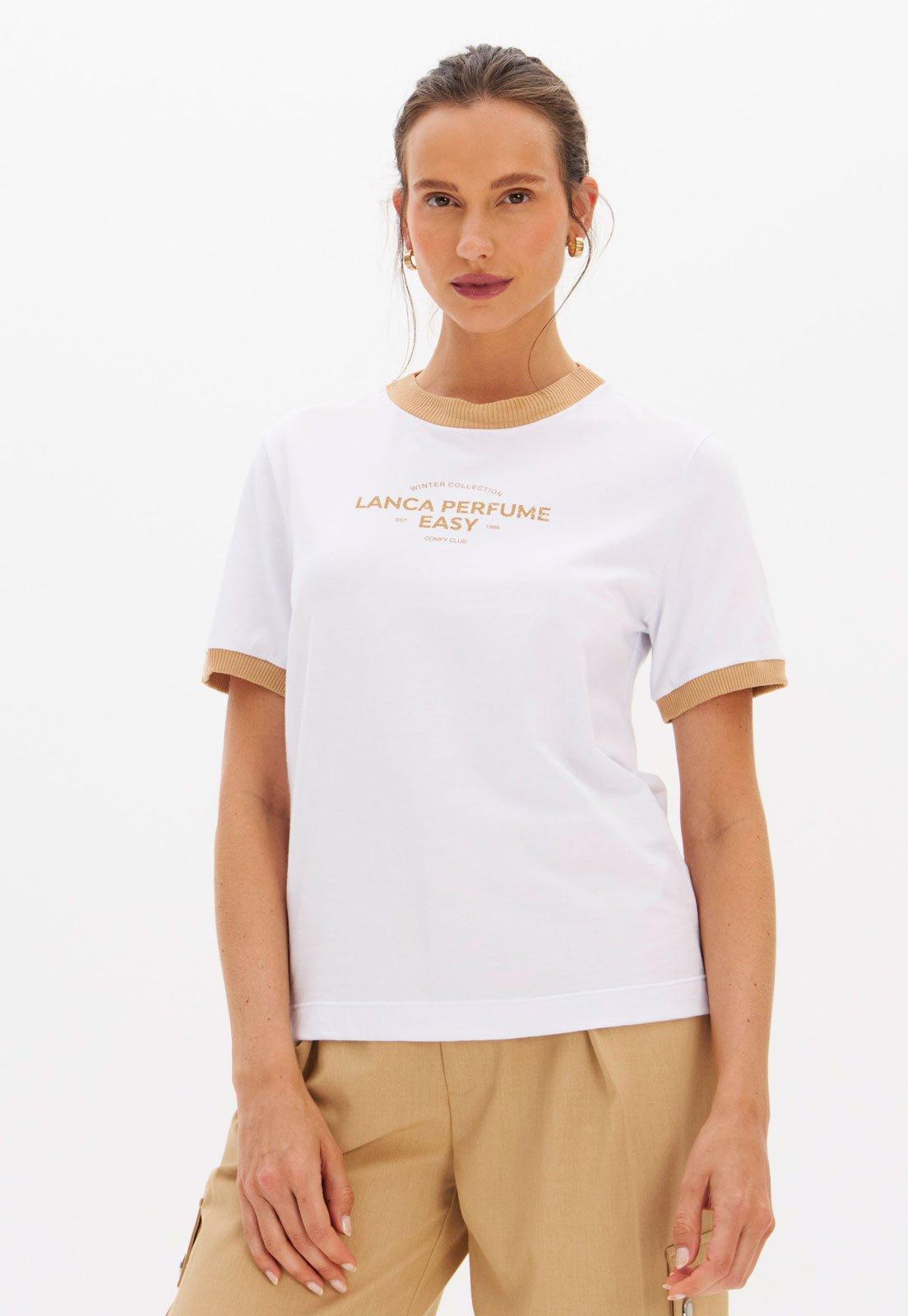 Camiseta Feminina Lança Perfume Gola Contrastante Branca