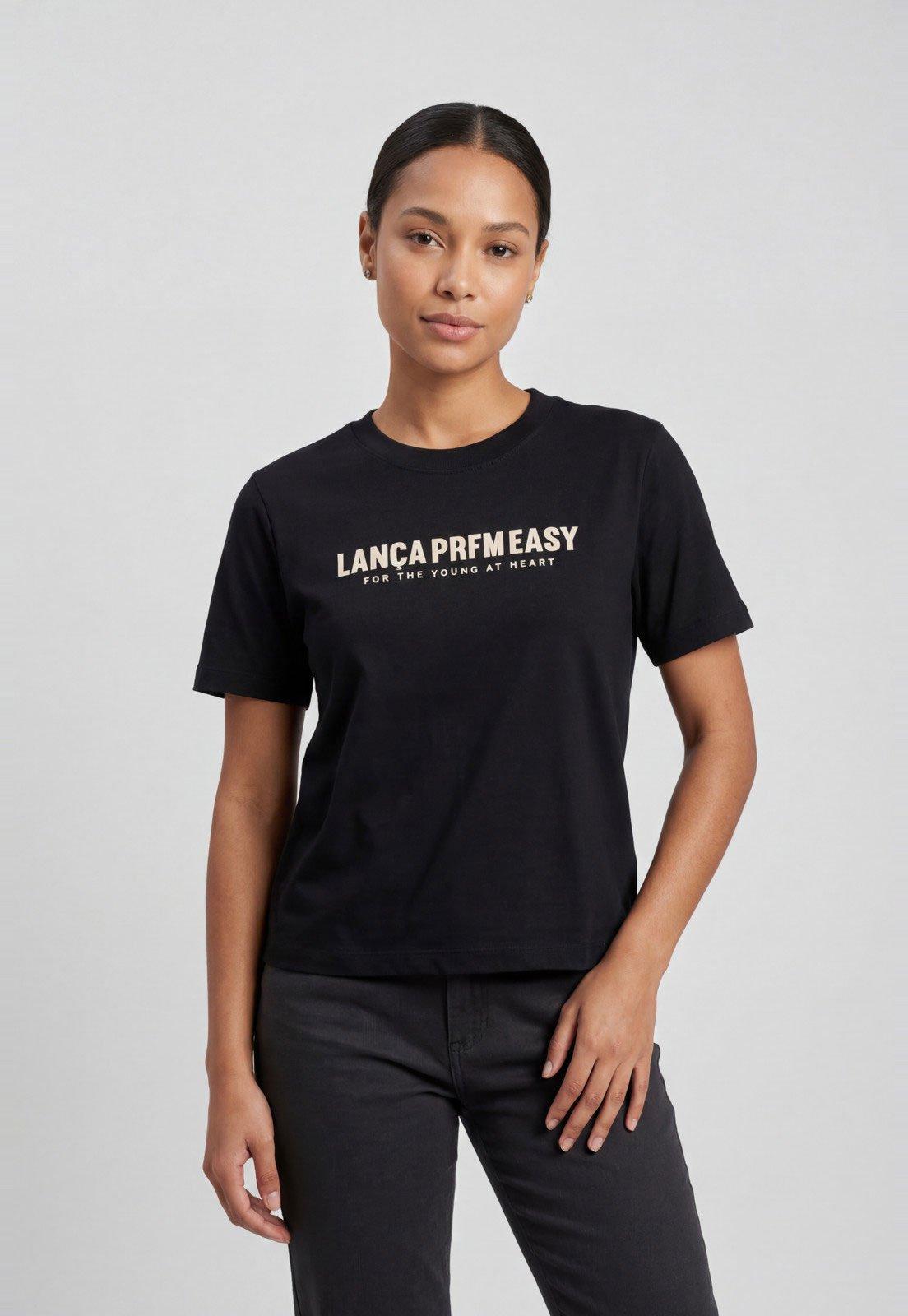 Camiseta Feminina Lança Perfume Estampa Frontal Preta