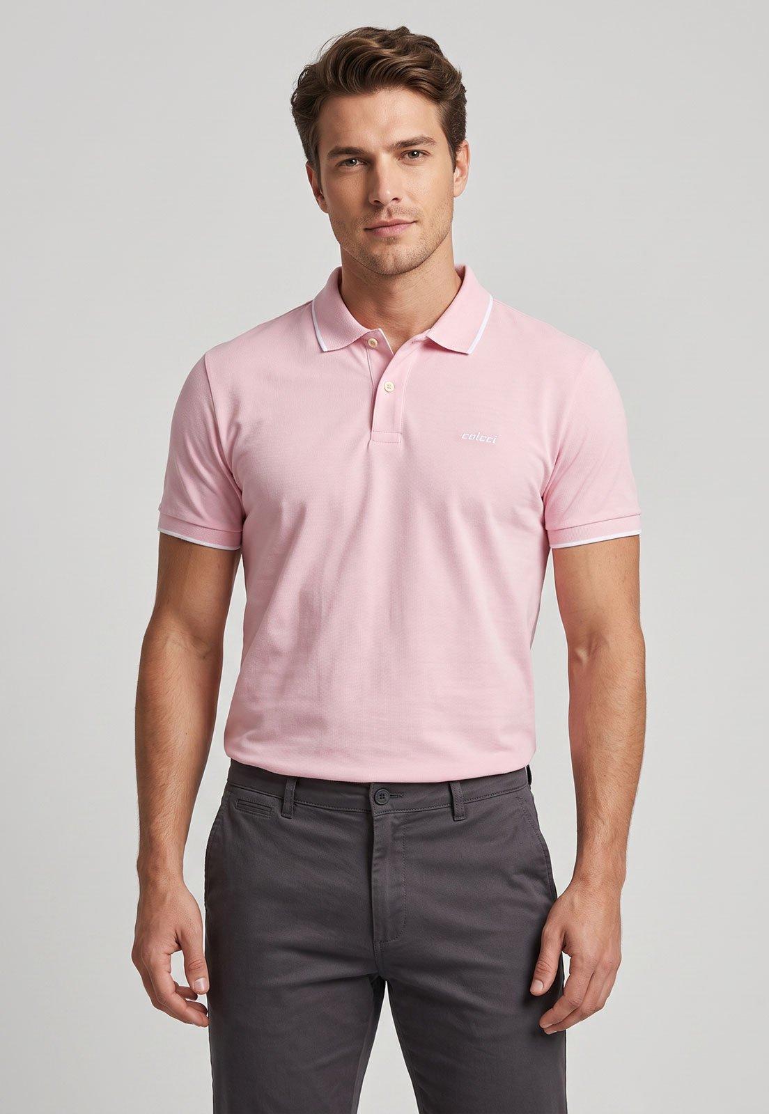 Polo Masculina Colcci Gola Com Friso Rosa Claro