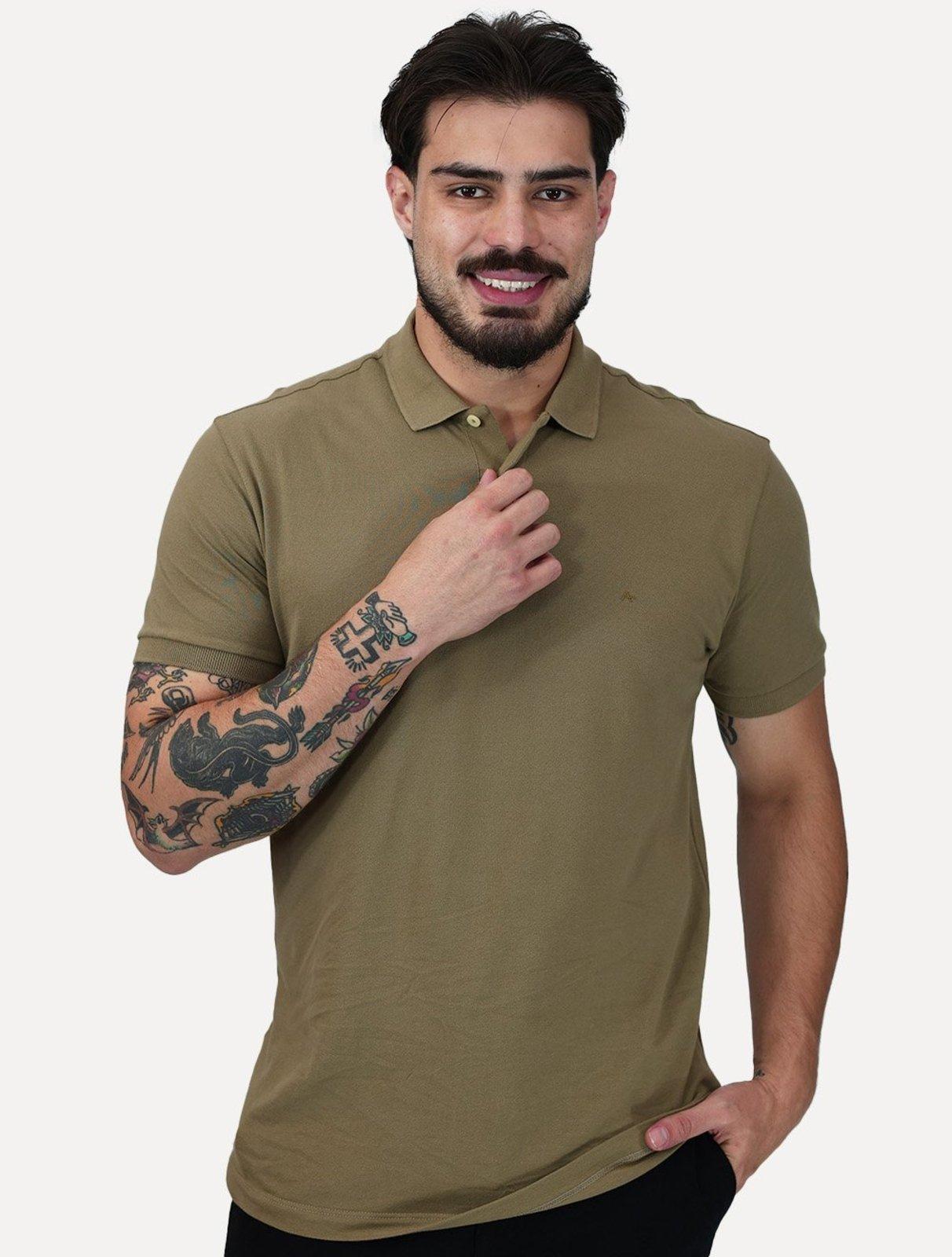 Polo Aramis Masculina Regular Basic Piquet Mono Logo Cáqui Medio
