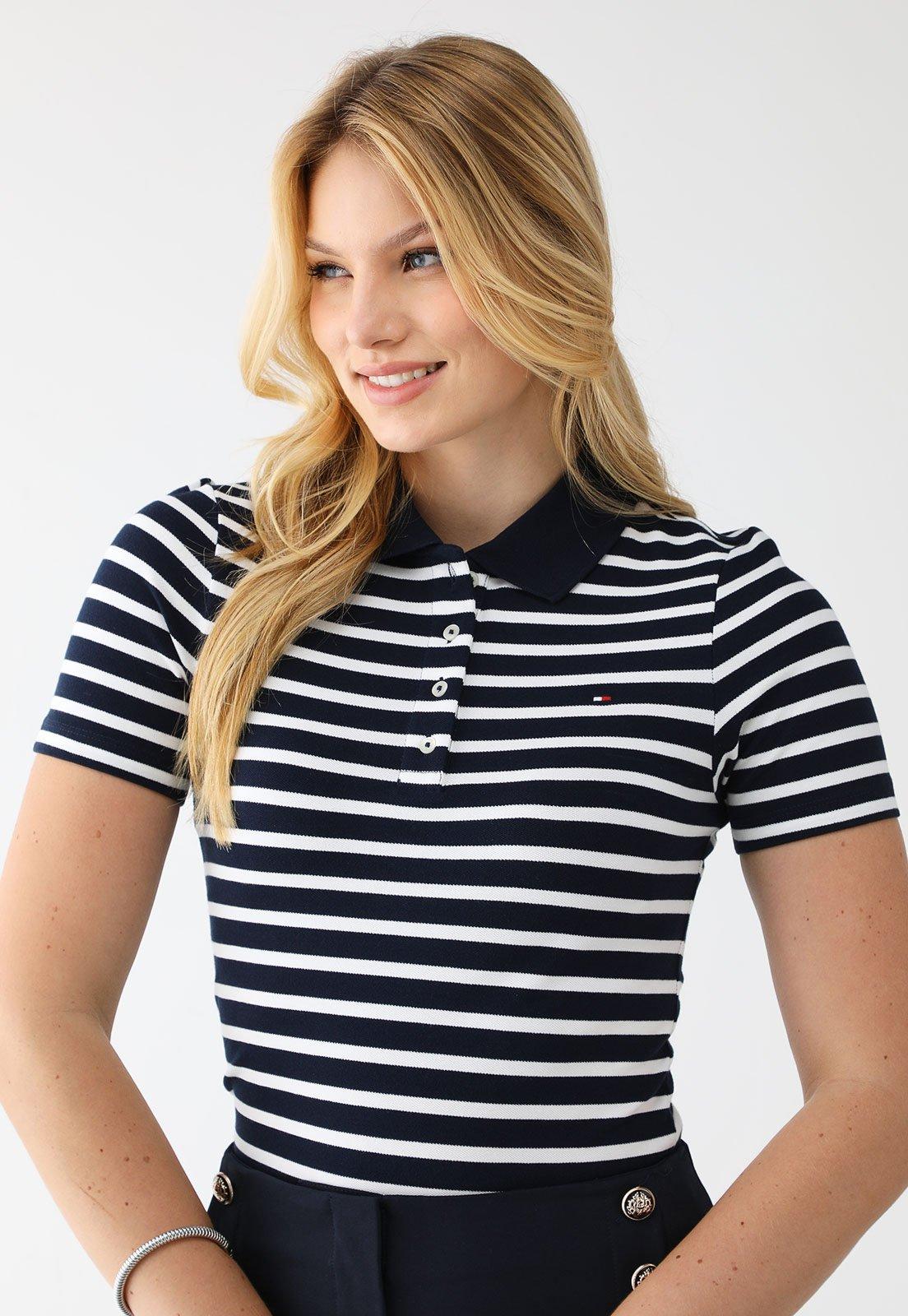 Camisa Polo Tommy Hilfiger Slim Listrada Preta