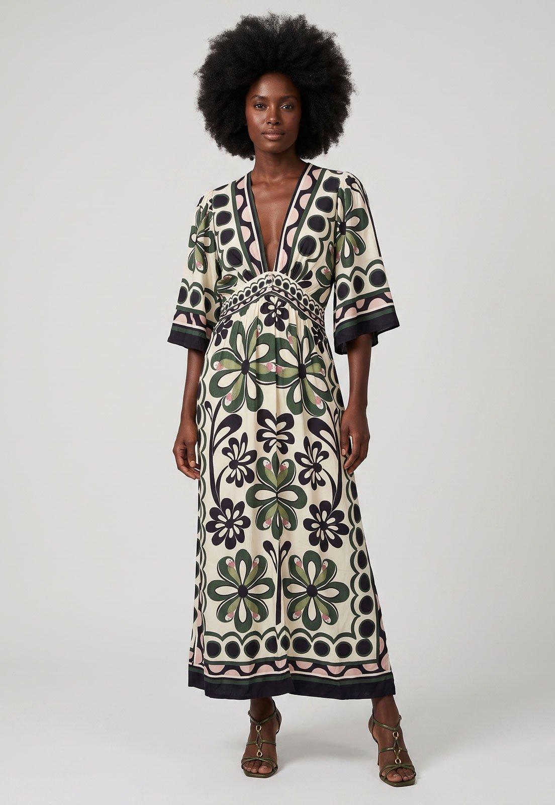Vestido Feminino FARM Longo Estampado Bege