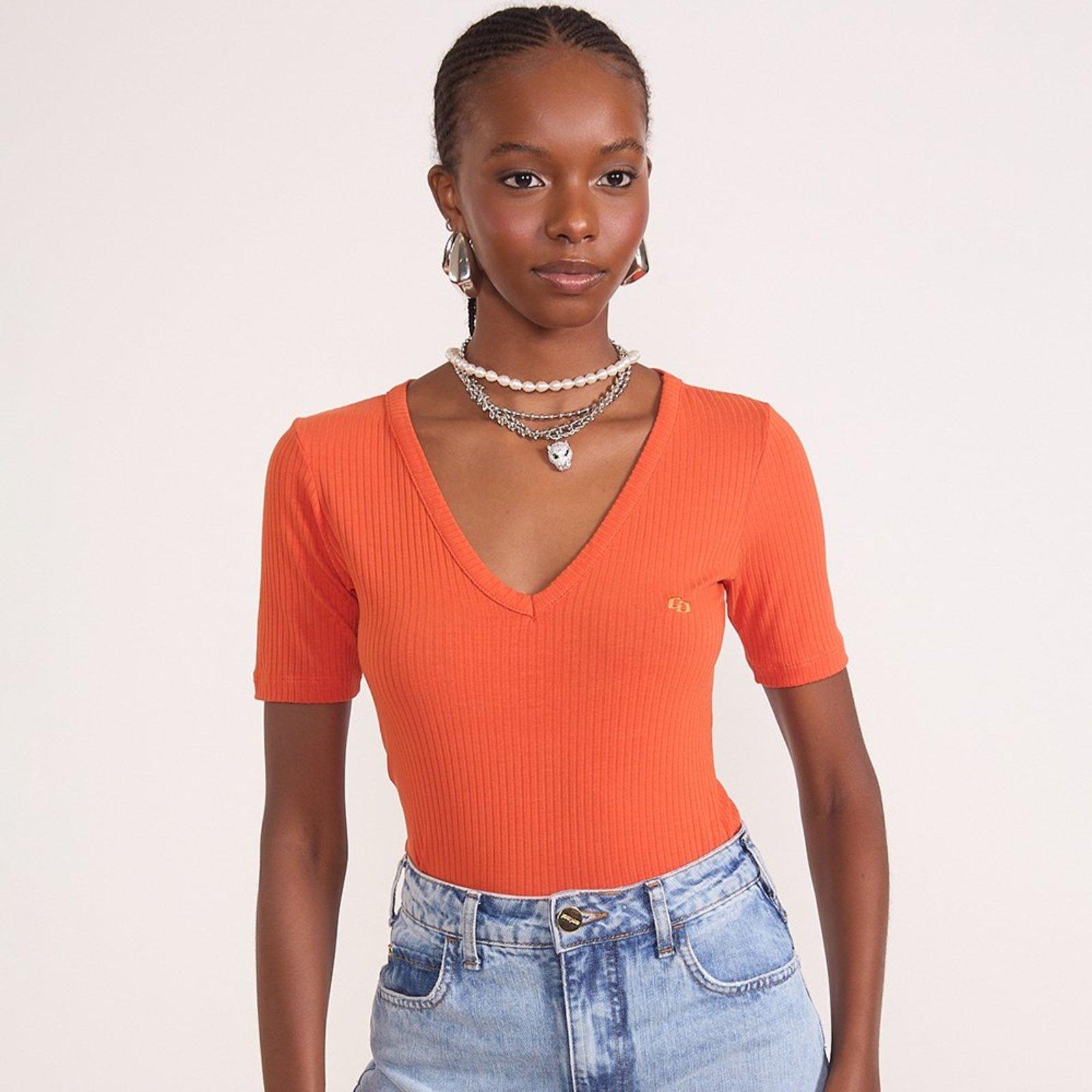 Camiseta Canelado Colcci Gola V In26 Laranja Feminino