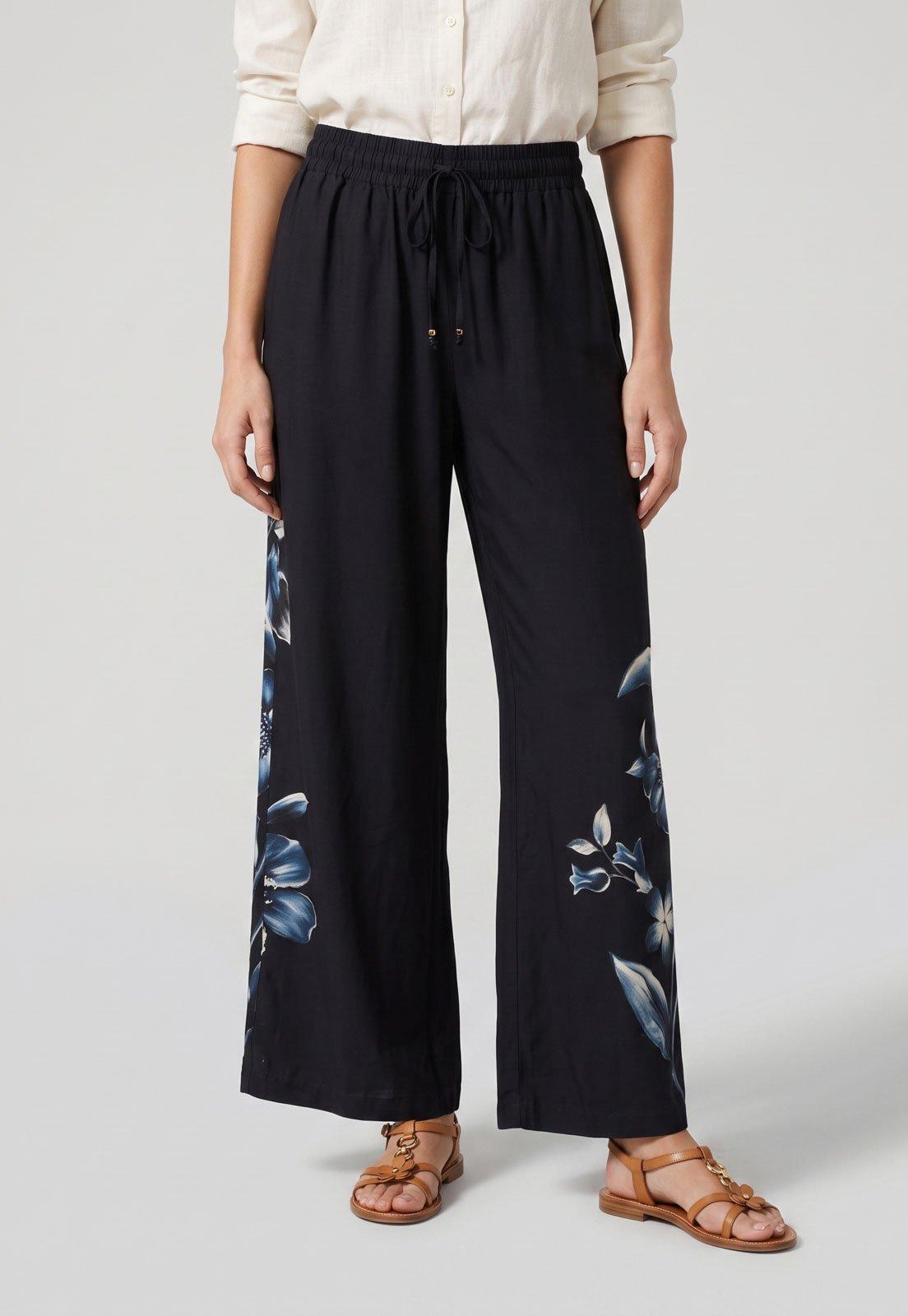 Calça Feminina FARM Cintura Alta Floral Azul-marinho