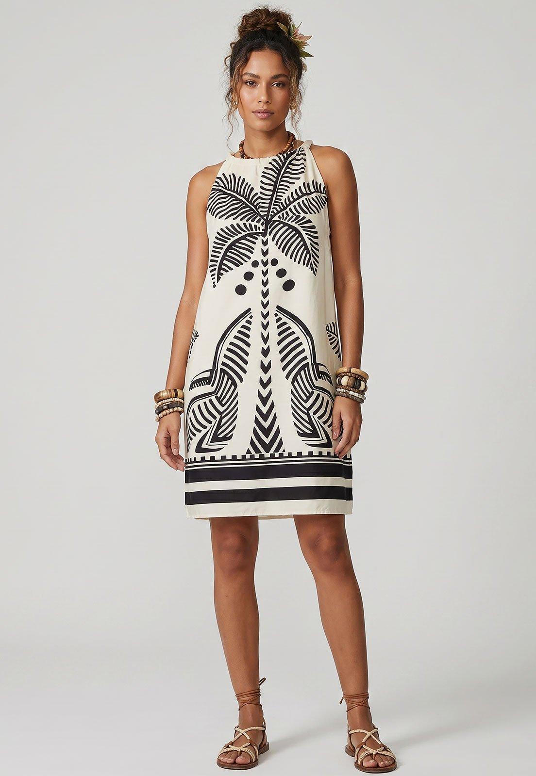 Vestido Feminino FARM Estampa Gráfica Off-White