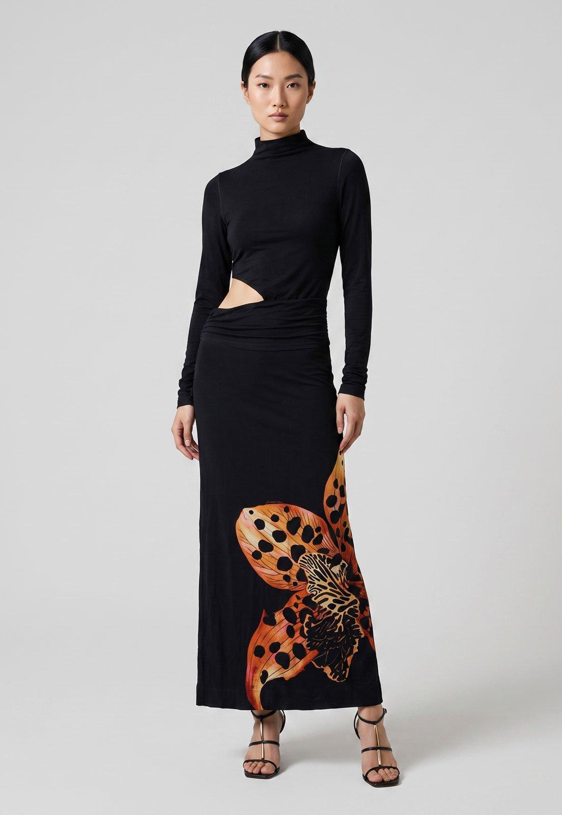 Vestido Feminino FARM Longo Estampado Decote Alto Preto
