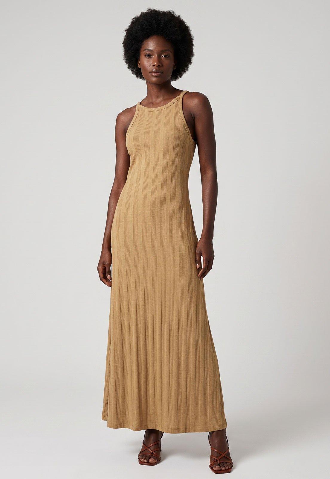 Vestido Feminino Colcci Longo Canelado Bege