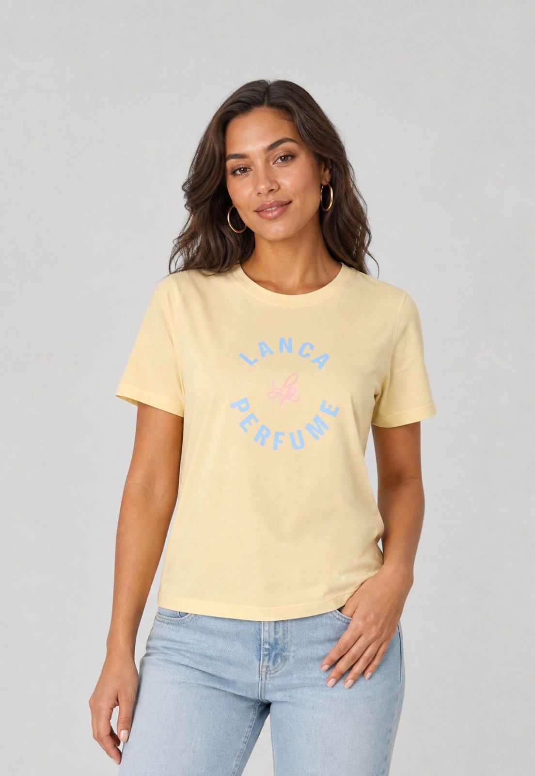 Camiseta Feminina Lança Perfume Estampa Frontal Amarelo