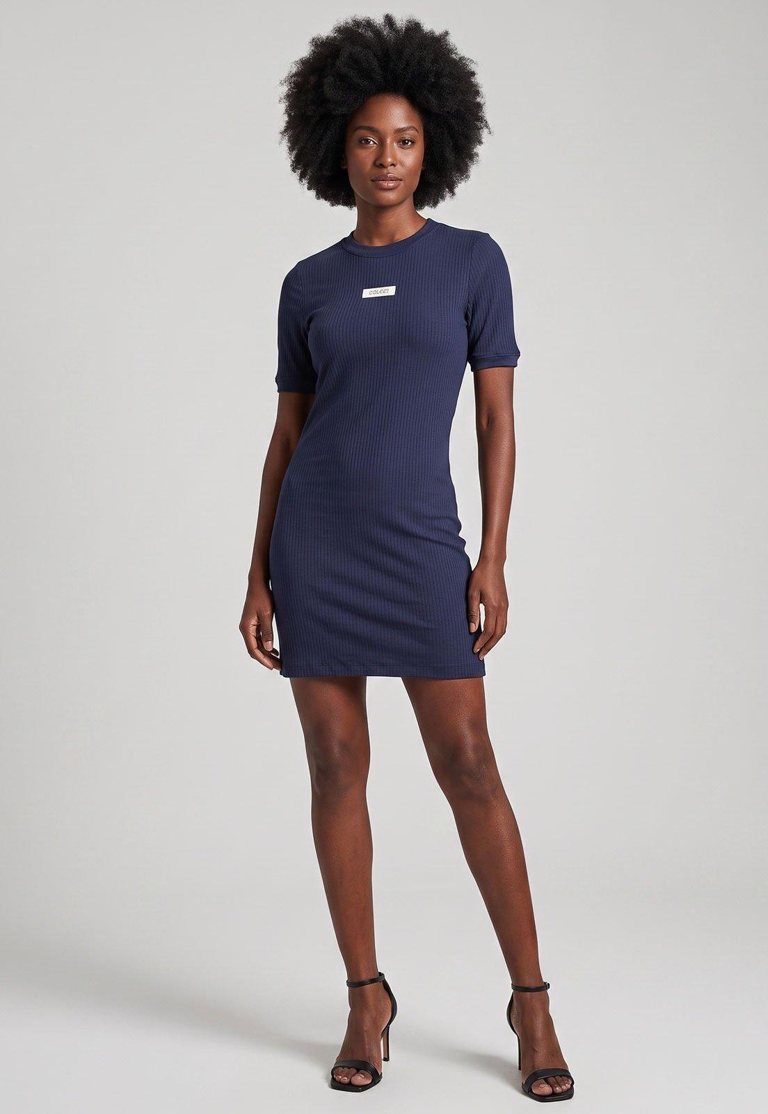 Vestido Feminino Colcci Canelado Manga Curta Azul