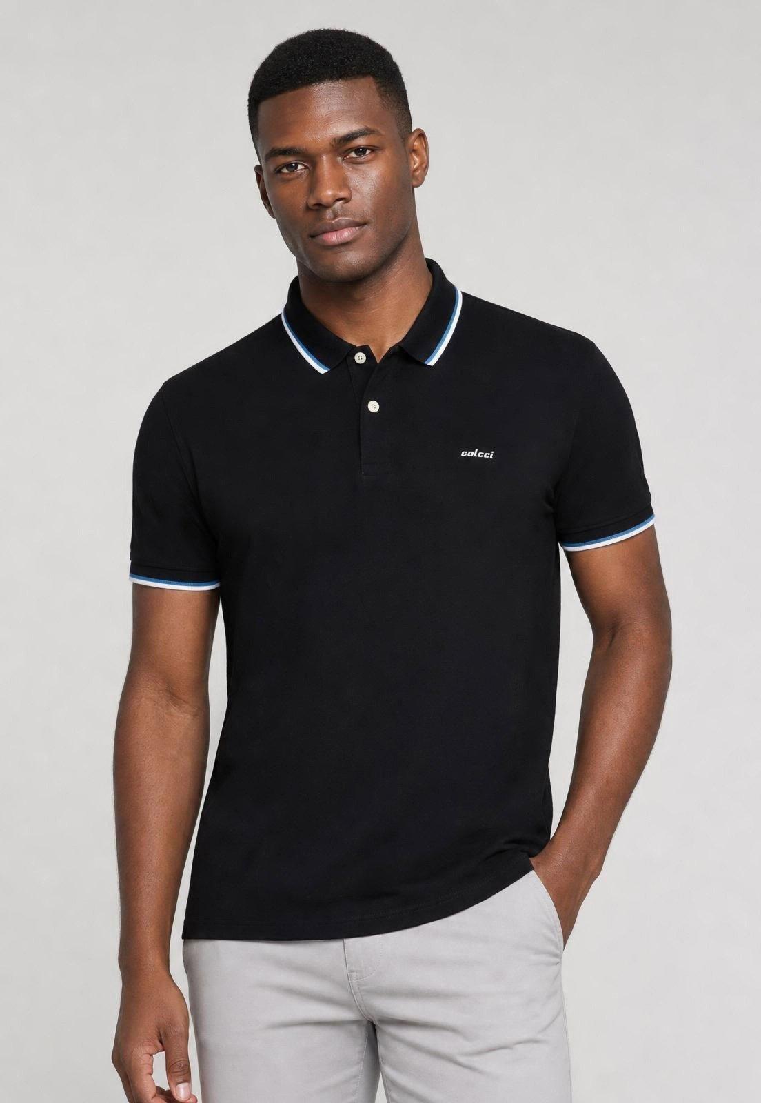 Camisa Polo Masculina Colcci Frisos Preta
