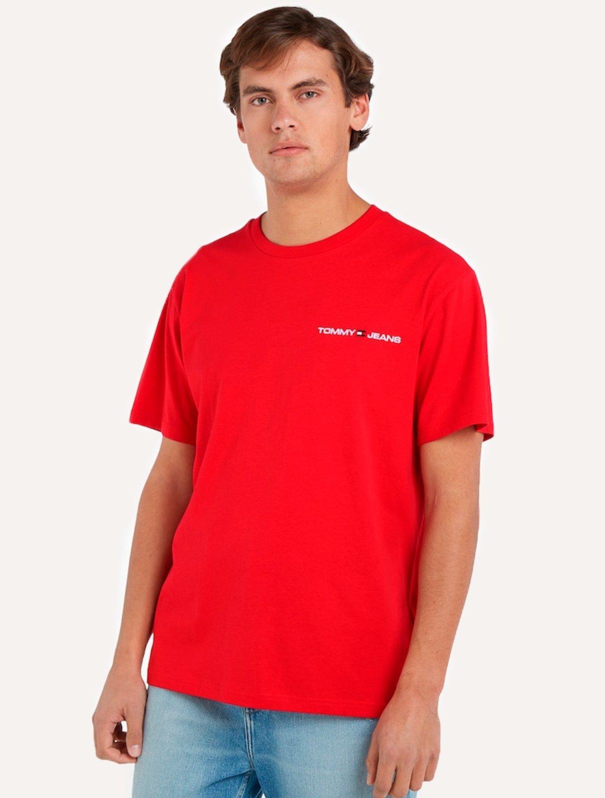 Camiseta Tommy Jeans Masculina Classic Linear Embroidered Chest Vermelha