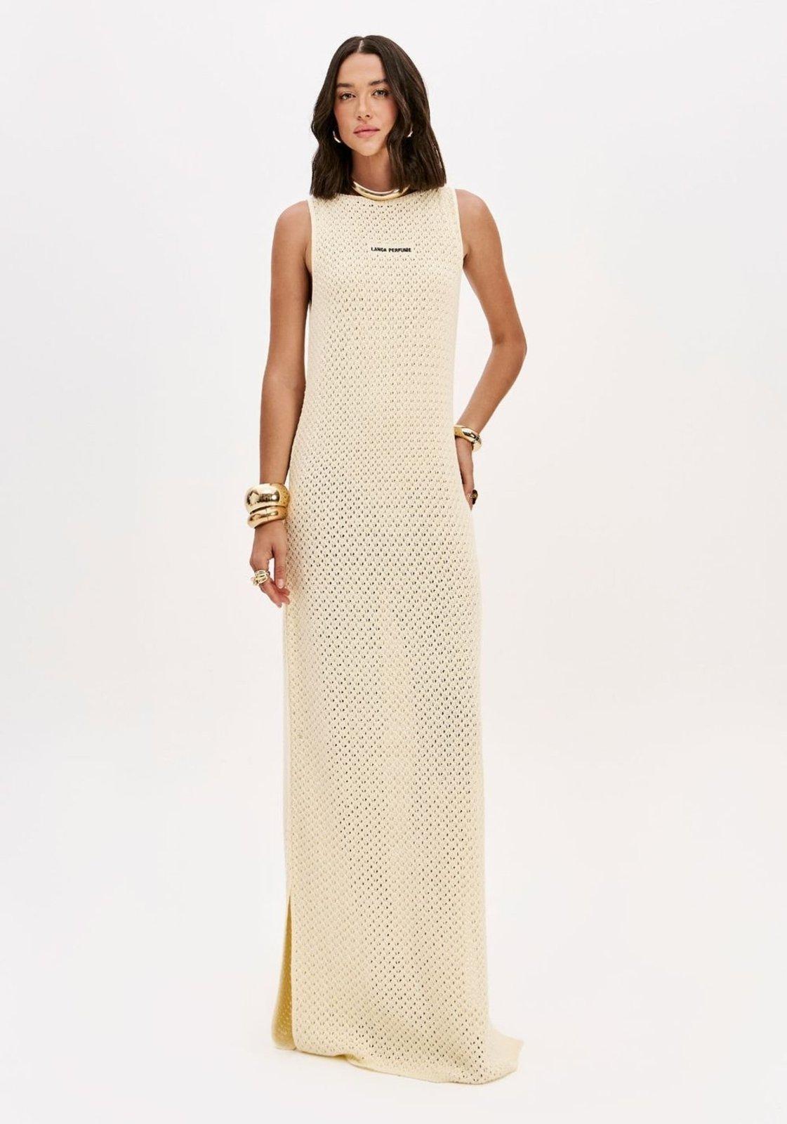 Vestido Super Midi De Tricô Com Bordado Lança Perfume