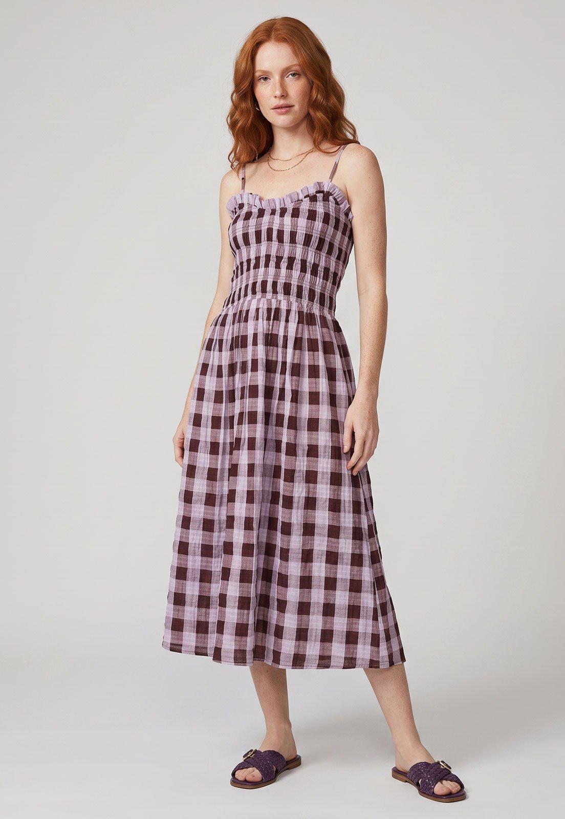Vestido Feminino FARM Midi Alças Finas Xadrez Vinho