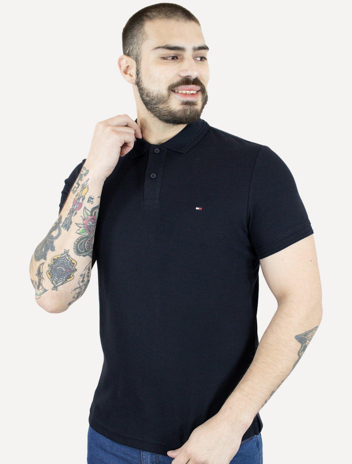 Polo Tommy Hilfiger Masculina Mercerised Jacquard Azul Marinho
