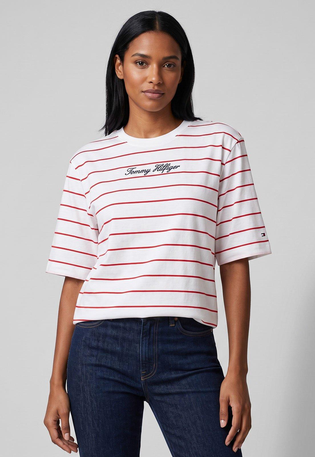 Camiseta Feminina Tommy Hilfiger Listrada Branca