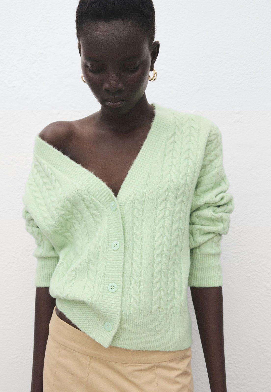 Cardigan Feminino Mango Tricot Texturizado Verde Menta