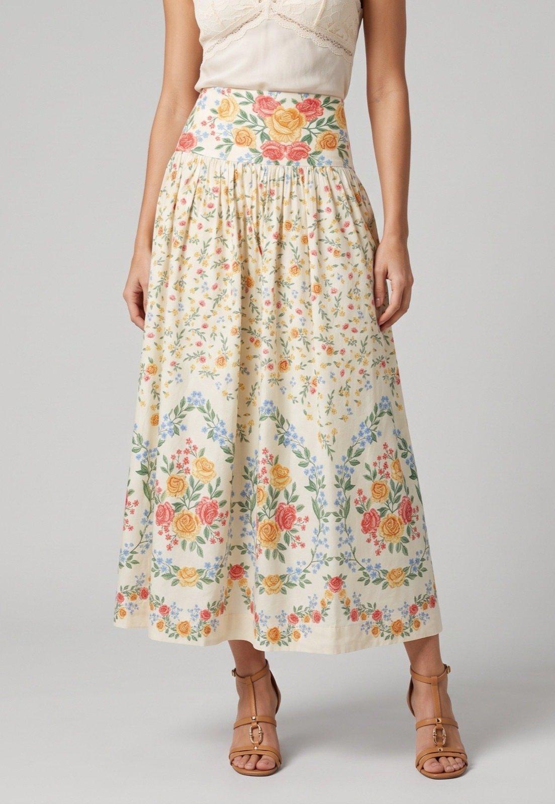 Saia Feminina FARM Estampada Floral Off-White