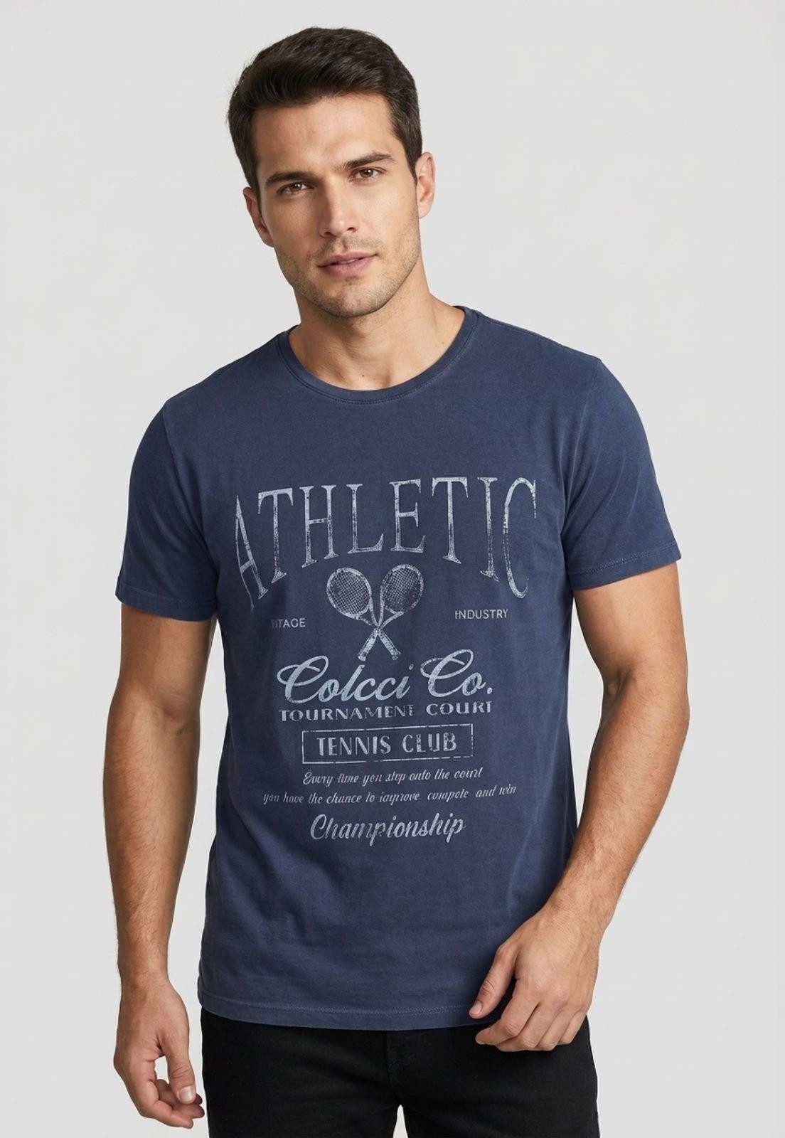 Camiseta Masculina Colcci Estampa Raquetes Azul Marinho