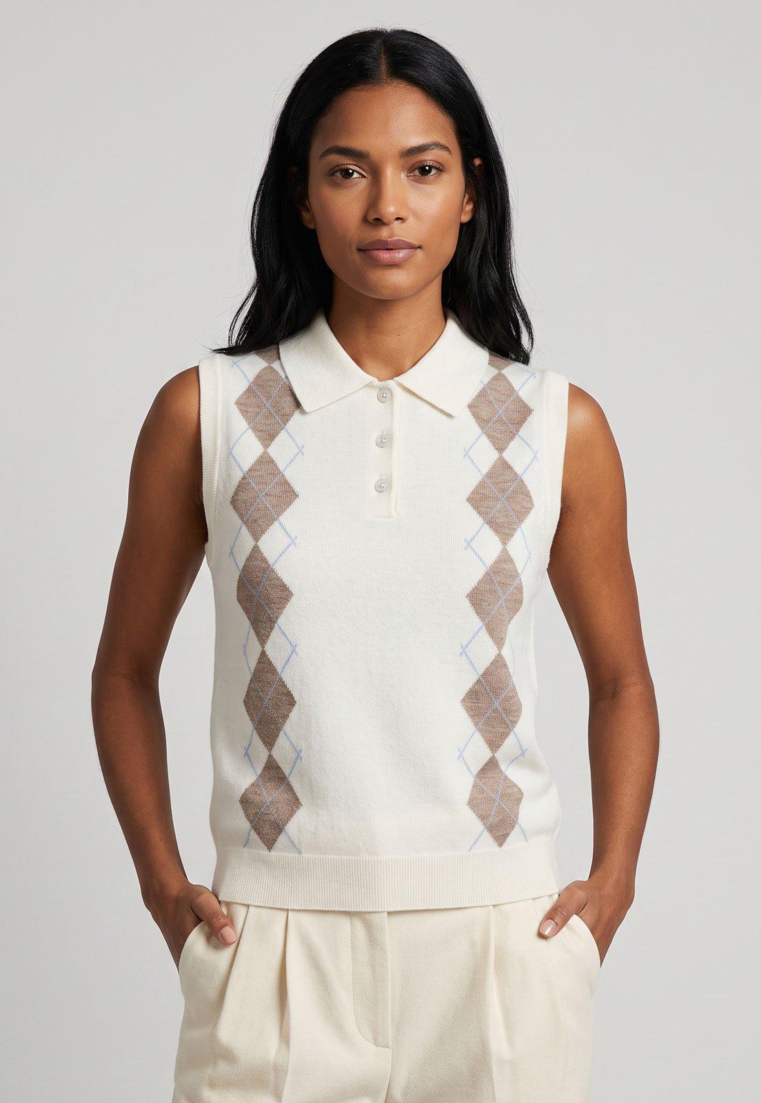 Colete Feminino Mango Gola Polo Detalhe Losango Off-White