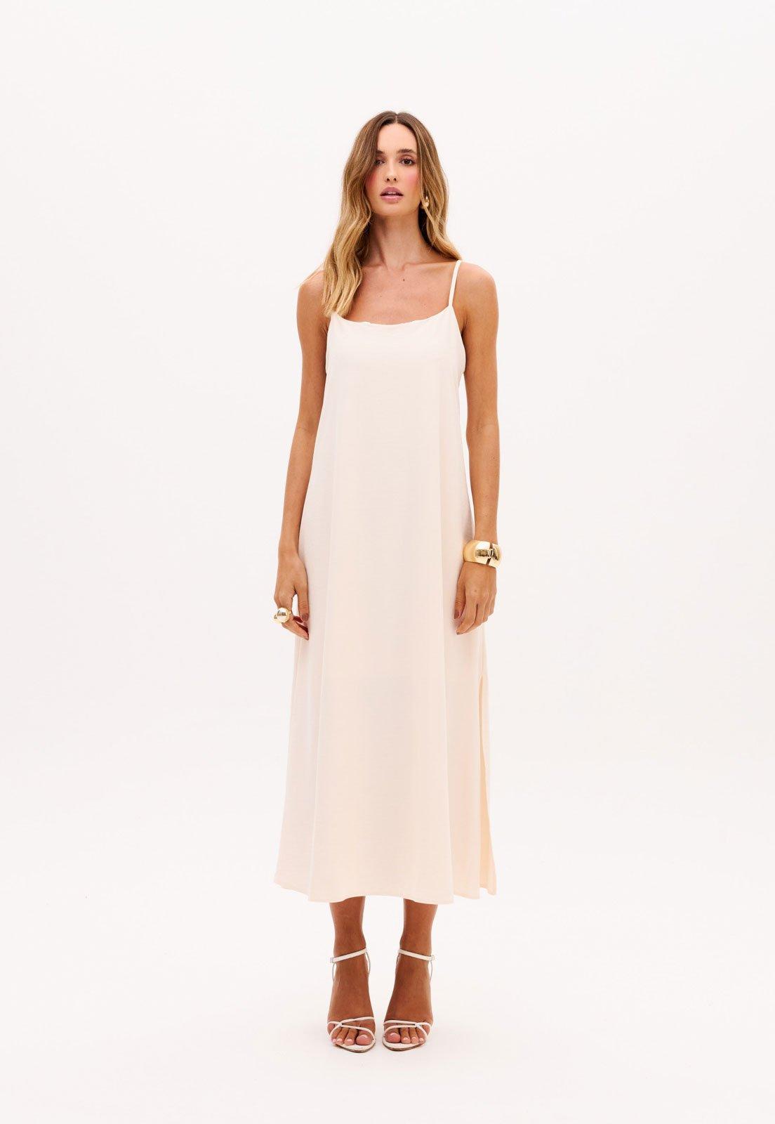 Vestido Feminino Lança Perfume Midi Alças Finas Off-White