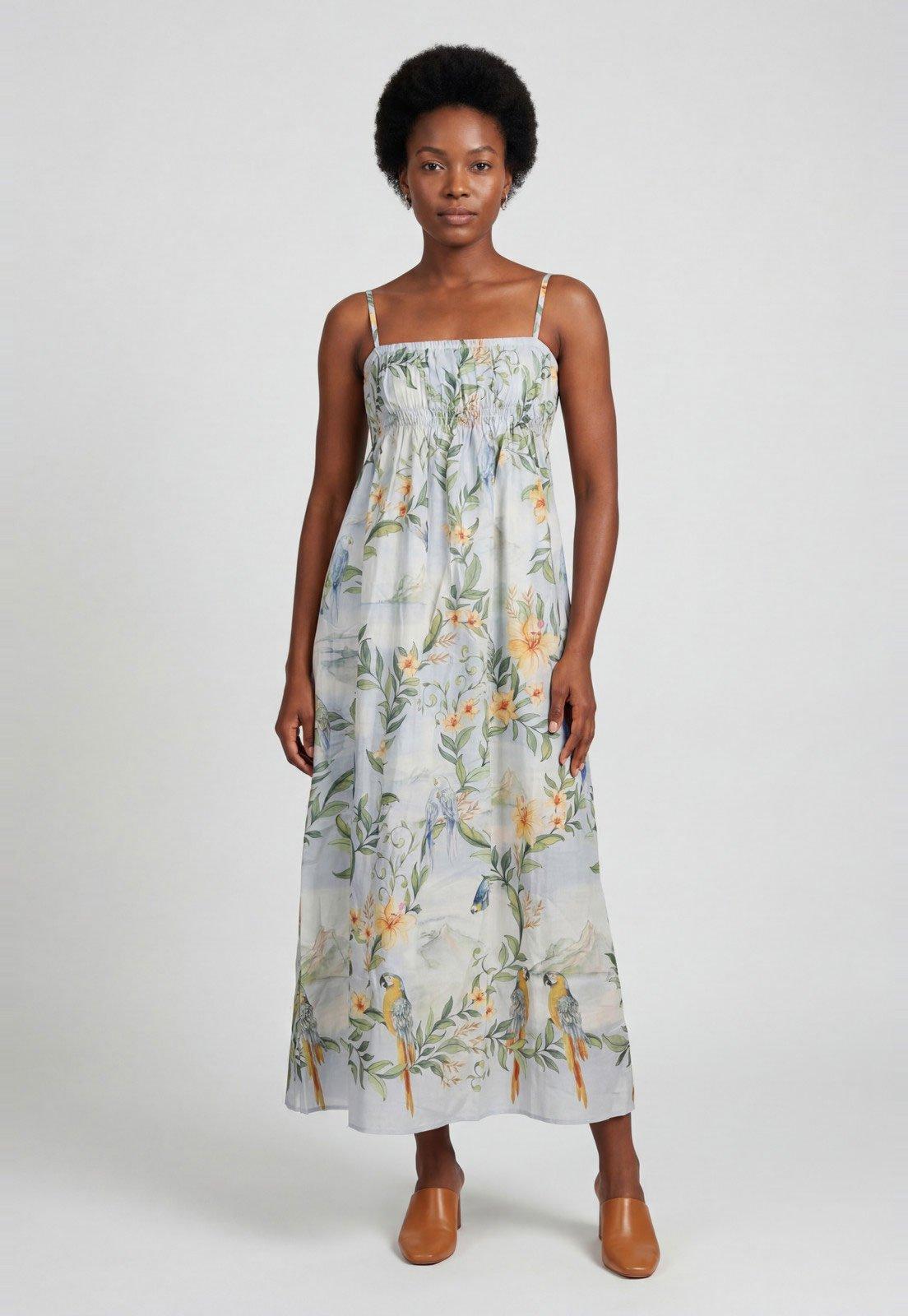 Vestido Feminino FARM Longo Alças Finas Floral Azul