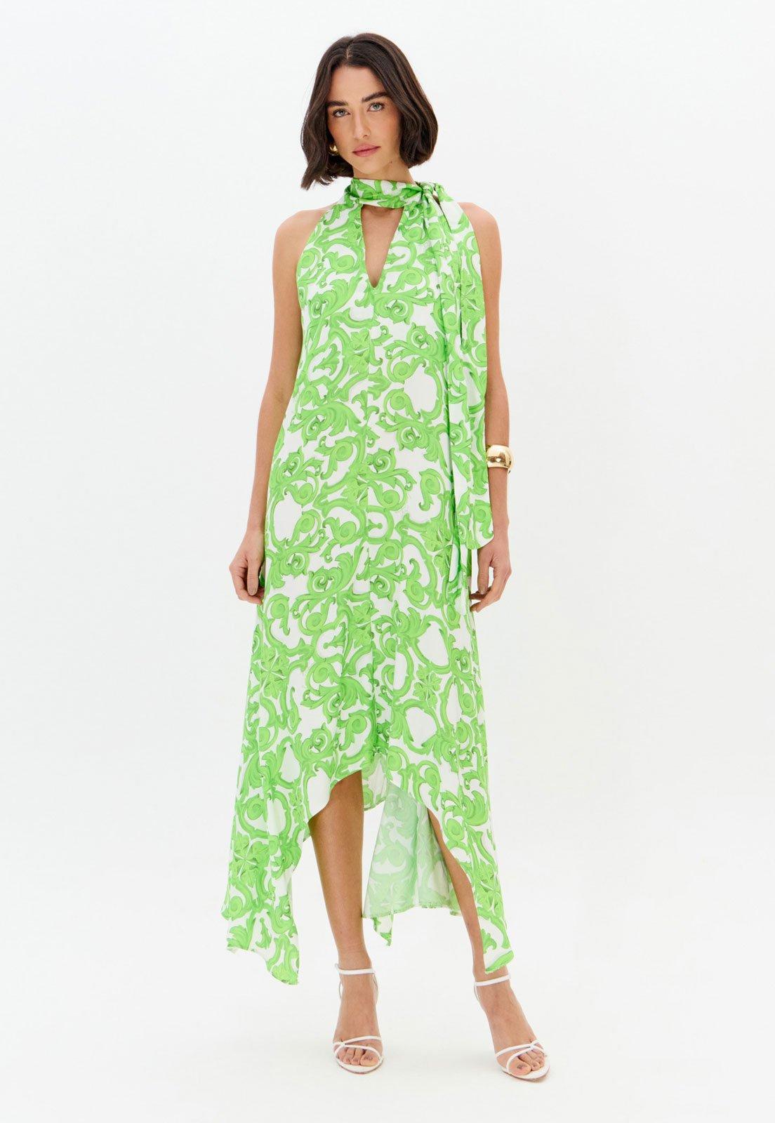 Vestido Lança Perfume Midi Estampa Alças Ajustáveis Verde