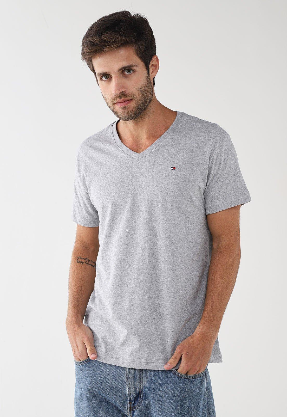 Camiseta Masculina Tommy Hilfiger Decote V Cinza Mescla